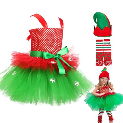 Huayeex Weihnachtskleid Mädchen | Weihnachtskostüm mit Hut und Socken,Ärmelloses Tüllkleid für 2-12 Jahre Wintertag Rollenspiel Party Bühnenauftritt Fotografie von Huayeex