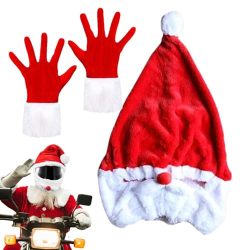 Huayeex Weihnachtsmann-Motorrad-Kopfbedeckung, Plüsch, lustige Motorrad-Kopfbedeckung mit Weihnachtshandschuhen – Weihnachtsmann-Motorrad, Weihnachtsabdeckung für Männer und Frauen von Huayeex