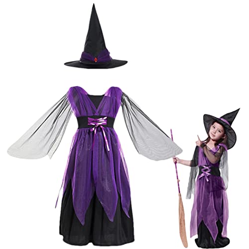 Hudhowks Halloween-Hexe-Kostüme für Mädchen Kinder-Zauberer verkleiden sich Cosplay-Kostü -Set Halloween-Cosplay-Party-Kostü -Kleid-Set Halloween-Maskerade-Zauberer-Kostü für Kinder von Hudhowks