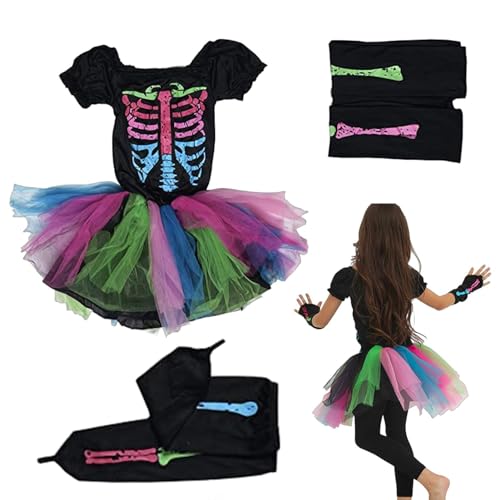 Hudhowks Skelett-Kostüm für Kinder, Halloween-Kostüme für Teenager-Mädchen,Halloween Funky Bone Cosplay Kostüm - Kleid für Mädchen und Kinder, Skelettkostüm für Halloween-Party von Hudhowks
