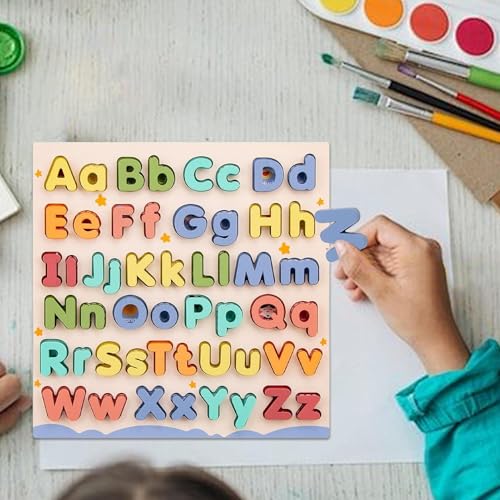 Huehkir Alphabet Holz Puzzle, Kleinbuchstaben und Großbuchstaben Lernspielzeug für Kleinkinder, Spielbrett mit Buchstaben Steckblöcken für Feinmotorik Kindergarten Vorschule von Huehkir