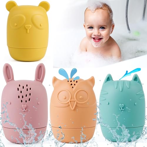 4 Stück Badespielzeug Baby ab 1 Jahr, Abnehmbare Silikon-Wasserspielzeug Schimmelfrei, Badewannenspielzeug Spritztiere Geschenke für Babys Kleinkinder von Huemtnor