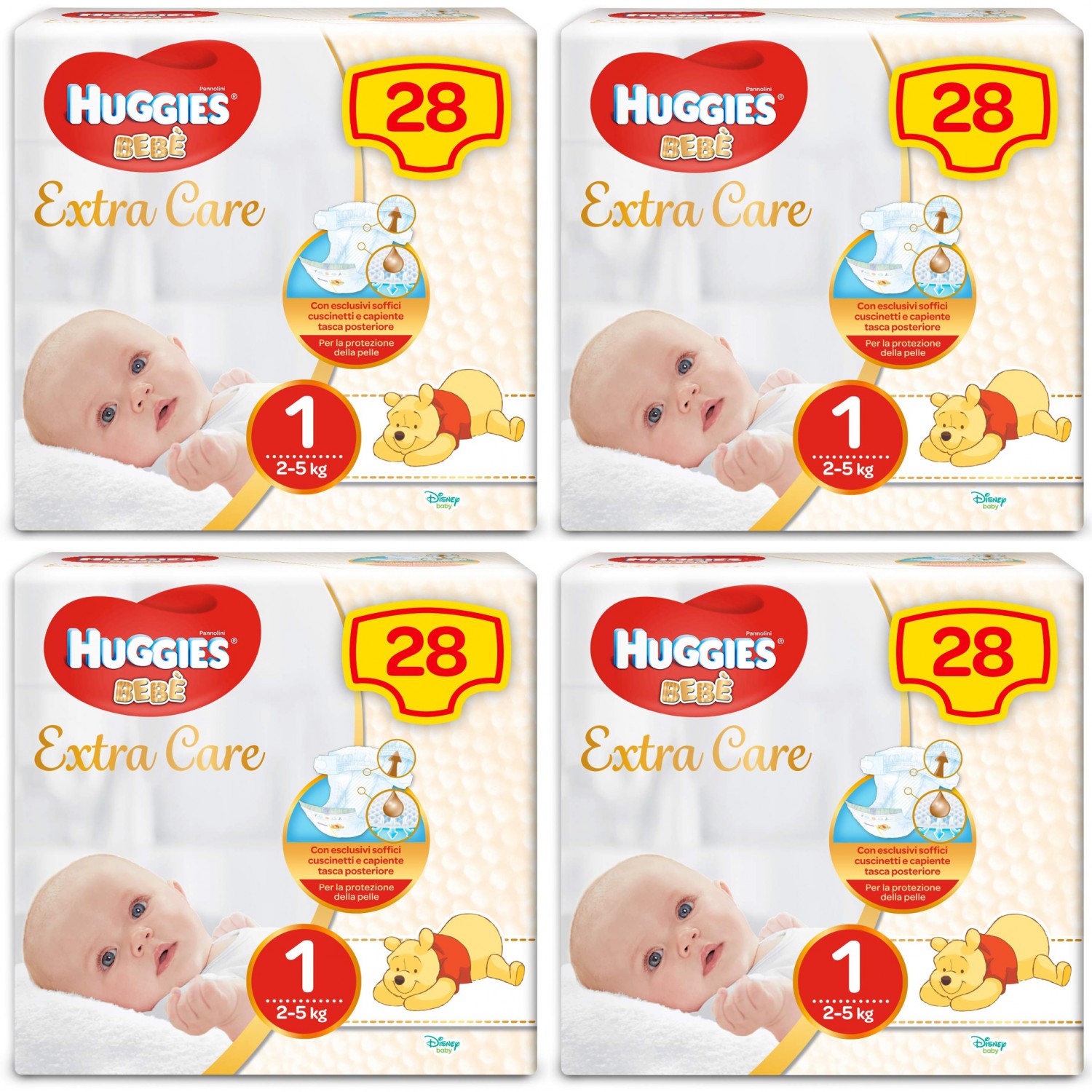 Kit Pannolini Huggies Extra Care Mis. 1 2-5 Kg 4 Pacchi da 28 pz von Huggies