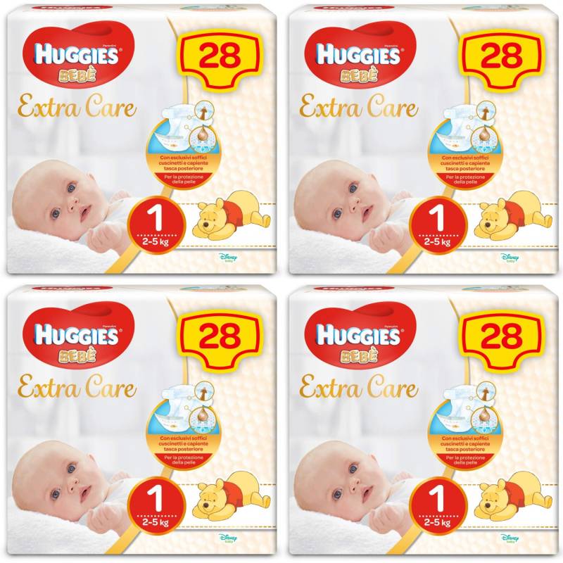 Kit Pannolini Huggies Extra Care Mis. 1 2-5 Kg 4 Pacchi da 28 pz von Huggies