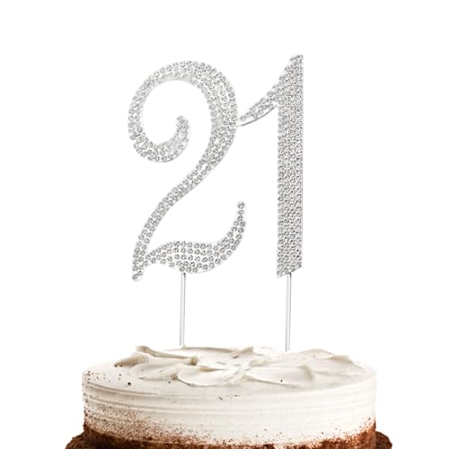 Hugwish Tortendeko 21 Geburtstag Mädchen, 21th Birthday Cake Topper Decorations, Nummer Cake Topper Zahlen 21 Strass Kuchendekoration, Kuchenstecker 21 Für Mädchen Birthday (21 Silber) von Hugwish