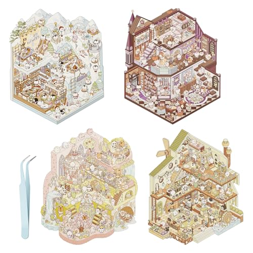 4 Sätze House Stickers,DIY Scene,3D Miniatur Room Haus Aufkleber Machen Sie Ihren Eigenen,Relief Stress für Erwachsene und Kinder Eiswelt,Wundergarten, Magiakademie, Bewegendes Schloss mit 1 Pinzetten von HuhWafee