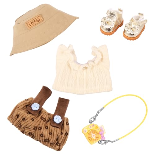 5 Stück Kleidung für Puppe, Bekleidung für 17cm Puppe,Elastisch DIY Outfit Set,Plüsch mit Pullover Hosenträger,Kamera,Schuhe,Mütze Jungen Mädchen Geschenke(Kaffee) von HuhWafee