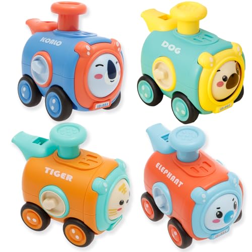 HuhWafee 4 Stück Auto Spielzeug,Baby Spielzeug 1 2 3 Jahr, Tier Mini Spielzeugauto,Kinderauto mit Pfeife,Press and Go Rennwagen,Großartig Geschenk für Jungen Mädche von HuhWafee