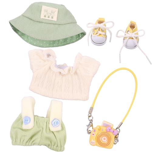 Puppenkleidung,Elastisch DIY Outfit Set,5 Stück Weiches Plüschtier Bekleidungund Zubehör,15/17 cm Große Kleidung für Labu Puppe Kleidung ,Kamera,Schuhe,Mütze(Puppen Nicht Enthalten) ﻿ (Grün) von HuhWafee