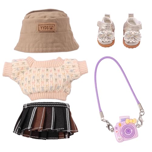 Puppenkleidung,Elastisch DIY Outfit Set,5 Stück Weiches Plüschtier Bekleidungund Zubehör,15/17 cm Große Kleidung für Labu Puppe Kleidung ,Kamera,Schuhe,Mütze(Puppen Nicht Enthalten) ﻿ (Khaki) von HuhWafee