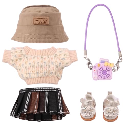 Puppenkleidung,Elastisch DIY Outfit Set,5 Stück Weiches Plüschtier Bekleidungund Zubehör,15/17 cm Große Kleidung für Labu Puppe Kleidung ,Kamera,Schuhe,Mütze(Puppen Nicht Enthalten) ﻿ (Khaki) von HuhWafee