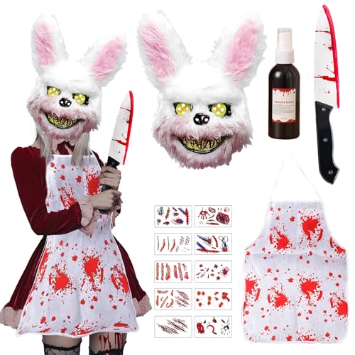 Bloody Bunny Maske, Halloween Maske Horror Hasenmaske, Gruselige für Erwachsene Kinder, Schürze geliefert Kunstblut, Machete, für Halloween Kostüm Karnevalsparty Cosplay von Huifengjie