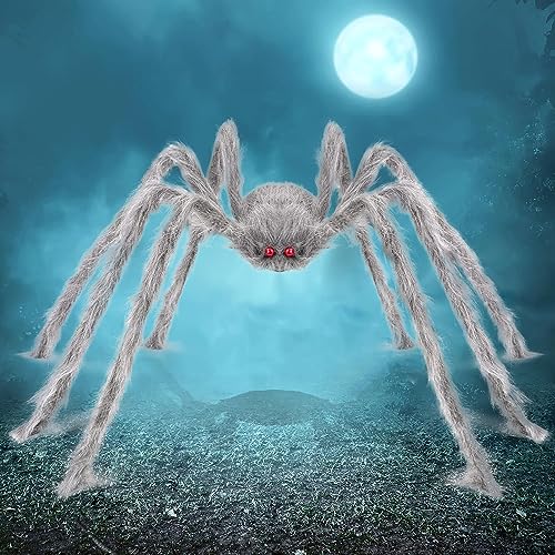 Halloween Spinne Groß für Indoor Outdoor Garten, 125cm Grau Haarige Spinnen Deko, Gruselige Horror Dekoration für Party und Spukhäuser von Huifengjie