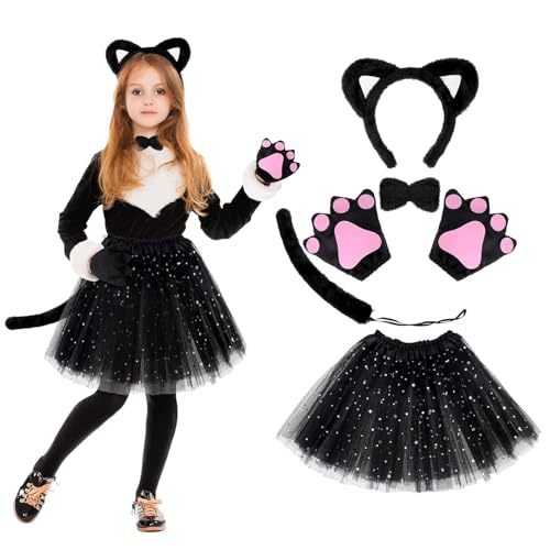 Huiguli Katzenkostüm Kinder, Schwarz Katze Cosplay Set, 6 Stück Tüllrock Katzenohren Haarreif Katzenschwanz Handschuhe Krette, Party Katzen Kostüm Set für Halloween Fasching Karneval Huiguli Katzenkostüm Kinder, Schwarz Katze Cosplay Set, 6 Stück Tüllrock Katzenohren Haarreif Katzenschwanz Handschuhe Krette, Party Katzen Kostüm Set für Halloween Fasching Karneval von Huiguli
