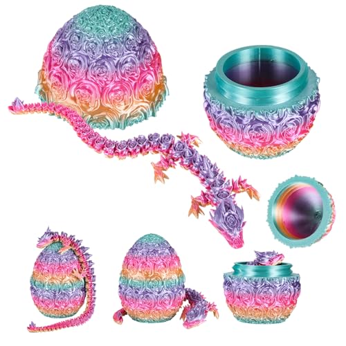 3D-gedruckter Drache im Ei, bewegliche Roseneier mit flexiblen Gelenken, 3D-gedruckter Drache, Heimschreibtischdekoration für Erwachsene (13 cm Regenbogen-Rosenei, 30 cm Drachen) von Huipalon
