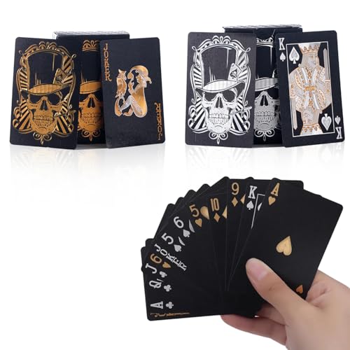 Huipalon 2 schwarze Spielkarten, 54 Blatt, wasserdichtes Deck mit goldfarbenem und silberfarbenem Totenkopf-Druck, 8,7 x 5,7 cm, Standard-Kunststoff-Poker für Partyspiele, Gruppenaktivitäten, Huipalon 2 schwarze Spielkarten, 54 Blatt, wasserdichtes Deck mit goldfarbenem und silberfarbenem Totenkopf-Druck, 8,7 x 5,7 cm, Standard-Kunststoff-Poker für Partyspiele, Gruppenaktivitäten, von Huipalon