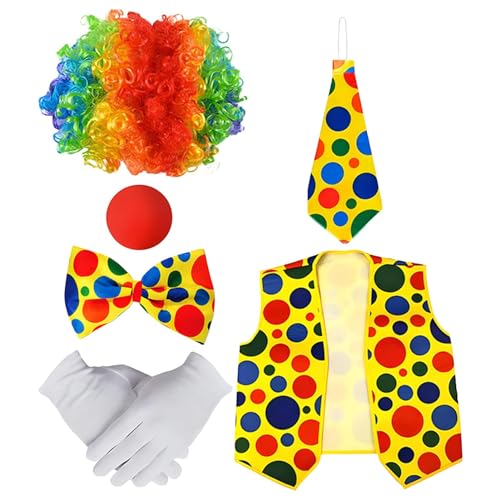 Hujinkan Clown Cosplay Damen, Party Clown Kostüm - 6-teiliges Rollenspiel-Clown-Kostüm-Set | Kinderkleidung für Frauen umfasst bunte Perücke, rote Nase, Fliege, Weste von Hujinkan