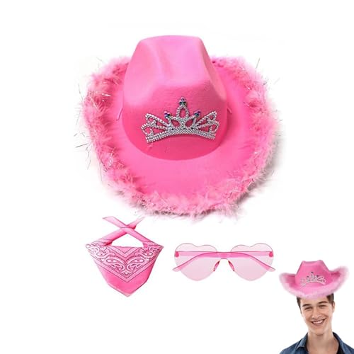 Hujinkan Cowboy Hat Women's Pink Cowgirl Hat Pink White Cowboy Hat Women's Pink Glitter Felt Cowgirl Hat with Feather Bandana Carnival Hat Heart Glasses Costume Accessories Party Hat Party Glasses von Hujinkan