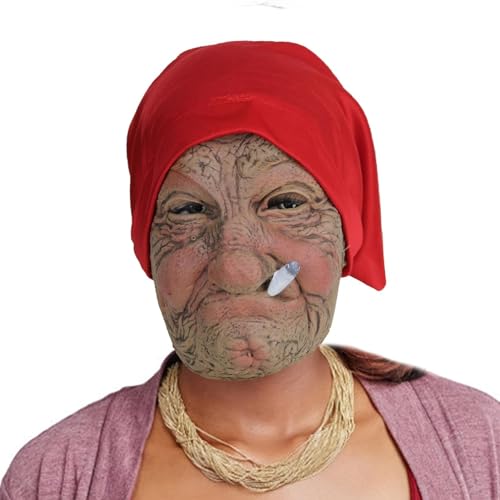 Hujinkan Halloween Latex Gesichtsbedeckung - Halloween Gruselige Gesichtsbedeckung für Frauen,Oma realistische Kopfbedeckung mit Haaren, Latex, alte Frauen, voller Kopf, Horror-Kostü, verkleiden von Hujinkan