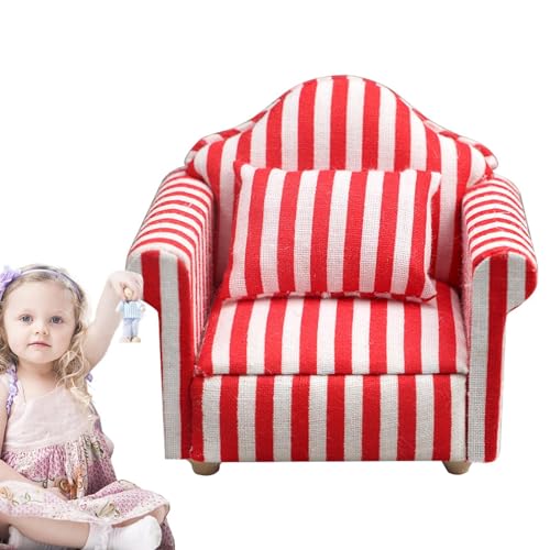 Hujinkan Puppenhaus-Couch mit Kissen, Puppenhaus-Sofa-Set - -Puppenhaus-Möbel-Couch- und Stuhl-Set im Maßstab 1:12 | Rot-weiß gestreiftes Holzgewebe, hochsimuliertes Miniatursofa, Kinderspielzeug, von Hujinkan