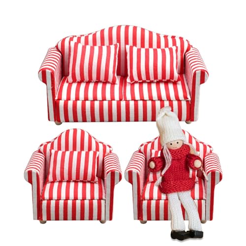 Hujinkan Puppenhaus-Couch mit Kissen, Puppenhaus-Sofa-Set | -Puppenhausmöbel im Maßstab 1:12, Couch und Stuhl,Hochsimuliertes Miniatursofa aus Holzstoff, rote und weiße Streifen, Kinderspielzeug, von Hujinkan