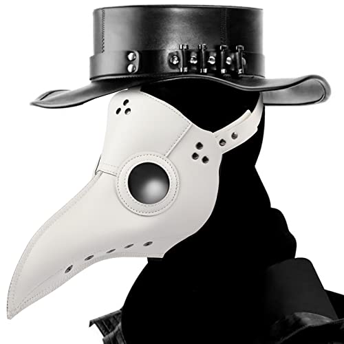 Hukermoon Pest Doktor Maske Vogelschnabel Steampunk Maske Leder Lange Nase Masken Karneval Pestarzt Maske Kostüm Requisiten für Halloween Party Masquerade Cosplay (Weiß) von Hukermoon
