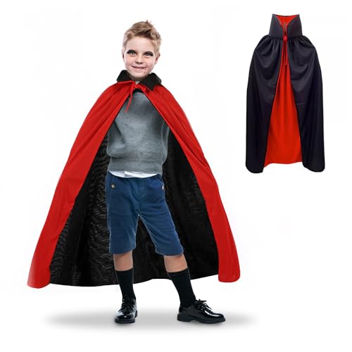 Hukermoon Vampir Umhang Kinder Vampir Umhang Cape Schwarz Rot Doppelseitig Jungen Mädchen Erwachsene Dracula Devil Umhang mit Kragen für Halloween Karneval Masquerade Cosplay Party Kostüm (80CM) von Hukermoon