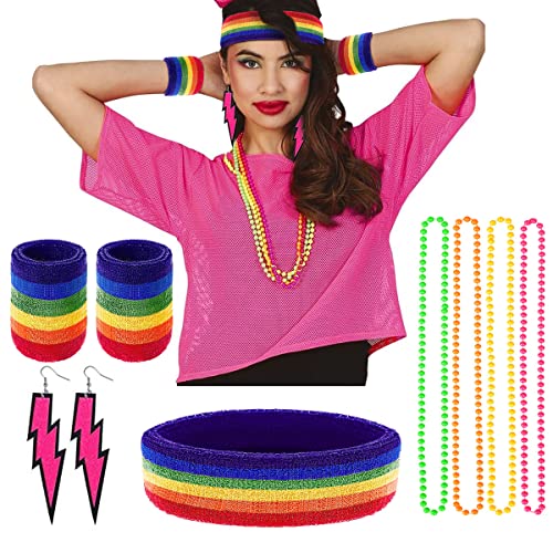 Humairc Kostüm 80er Jahre Outfit Damen Neon Netz Shirt Stirnband Armband Ohrringe Halskette 80er Jahre Accessoires Damen Party von Humairc