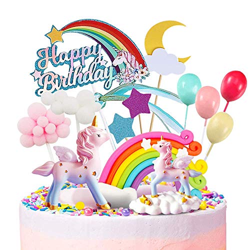 Humairc Einhorn Tortendeko für Mädchen Geburtstag - Happy Birthday Luftballon, Wolke, Mond, Sternen, Regenbogen von Humairc