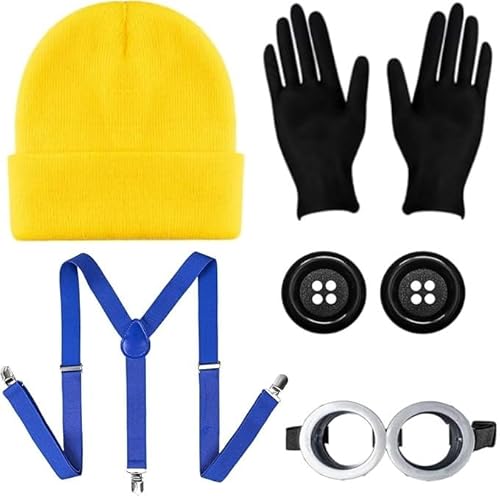 Humairc Cospaly Kostüm Karneval Kostüm Cospaly Mütze Cosplay Brille Handschuhe Knöpfe Hosenträger Karneval Kostüm Damen Halloween Kostüm Herren Kinder(Gelbe) von Humairc