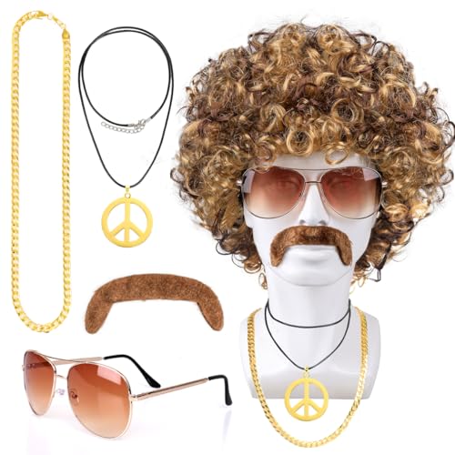 Humairc Karneval Kostüm Afro Perücke Herren Perücke Sonnenbrille Halskette Bart 70er 80er Jahre Outfit für Männer Damen Rocker Perücke Karneval Kostüm Damen Herren (Braun) von Humairc
