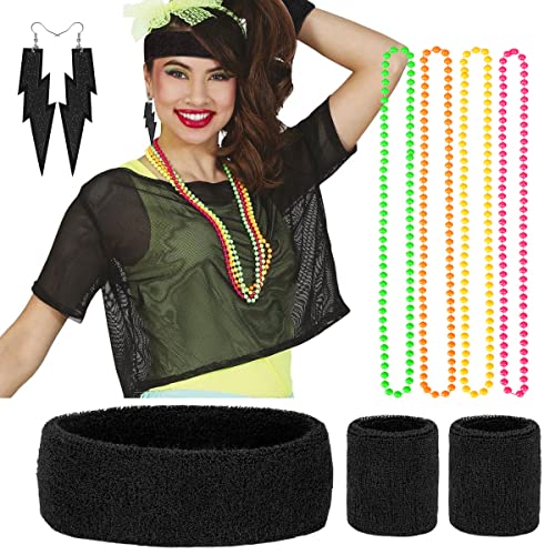 Humairc Kostüm Damen 80er Jahre Outfit Neon Netz Shirt Stirnband Armband Ohrringe Halskette 80er Jahre Accessoires Damen Party von Humairc
