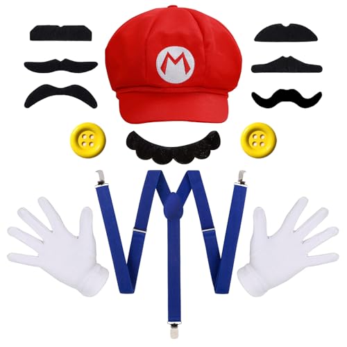 Humairc Super Bros Hüte Accessoires Set Mary Luigy Mützen Schnurrbärte Hosenträger Handschuhe Knöpfe Halloween Cosplay Kostüm, Rot und Strapsband, L Humairc Super Bros Hüte Accessoires Set Mary Luigy Mützen Schnurrbärte Hosenträger Handschuhe Knöpfe Halloween Cosplay Kostüm, Rot und Strapsband, L von Humairc