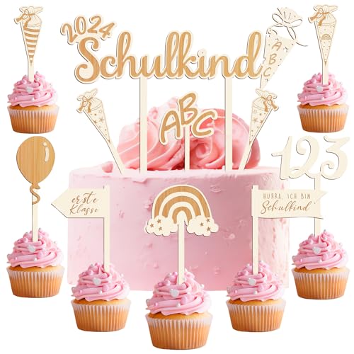 Humairc Tortendeko Einschulung 10tgl. aus Holz Junge Mädchen Schulkind Zuckertüte Cake Topper ABC 123 Cupcake Torte Deko Kuchendeko Schulanfang von Humairc