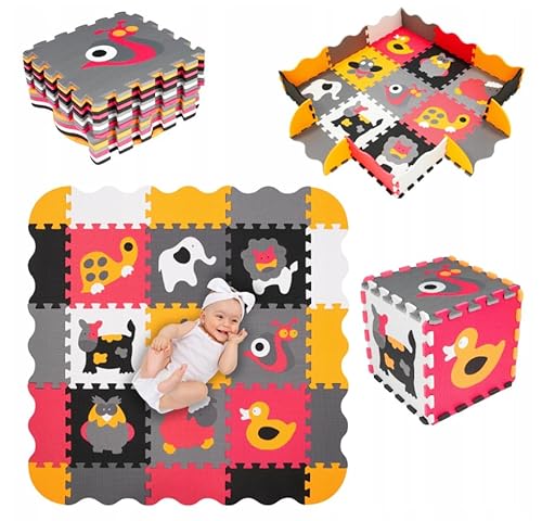 Humbi Puzzlematte Eva Schaumstoff für Babys und Kinder Krabbelmatte Spielmatte Fitnessmatte 31.5x31.5 cm Laufstall 95x95 cm (Tiere/Orange-Grau) von Humbi