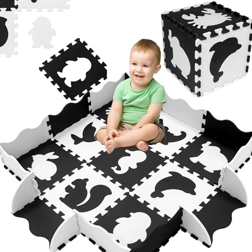 Humbi Puzzlematte Eva Schaumstoff für Babys und Kinder Krabbelmatte Spielmatte Fitnessmatte 31.5x31.5 cm Laufstall 95x95 cm (Tiere/Schwarz, Weiß) von Humbi