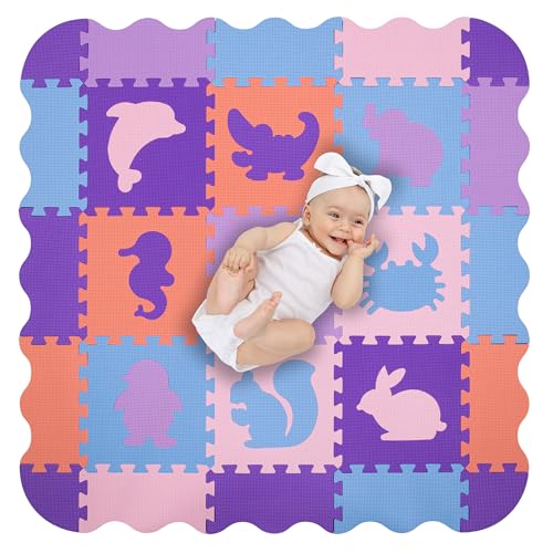 Humbi Puzzlematte Eva Schaumstoff für Babys und Kinder Krabbelmatte Spielmatte Fitnessmatte 31.5x31.5 cm Laufstall 95x95 cm (Tiere/Violett, Blau, Rosa) von Humbi