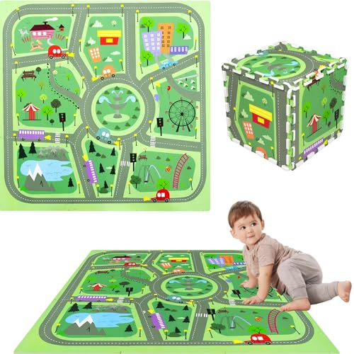 Humbi Puzzlematte Eva Schaumstoff für Babys und Kinder Krabbelmatte Spielmatte Fitnessmatte Schutzmatte Poolmatte Bodenschutz 90 x 90 x 1 cm, 9 Teile, Stadtstraßen von Humbi