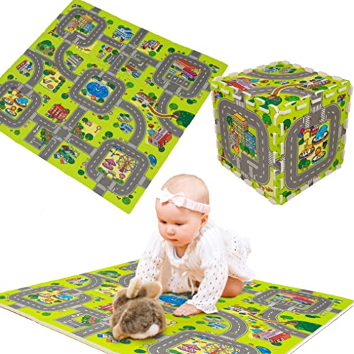 Humbi Puzzlematte Schaumstoff für Babys und Kinder Krabbelmatte Spielmatte Fitnessmatte Schutzmatte Poolmatte Bodenschutz 31,5 x 31,5 x 1cm 9 szt Stadt Straßen von Humbi