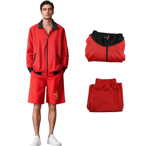 Rettungsschwimmer-Kostüm, Uniform, Herren, Rot, Reißverschluss, Jacke, Oberteil, Shorts, Set, Halloween, Cosplay, Outfits für Erwachsene, Größe M von Humorjoy