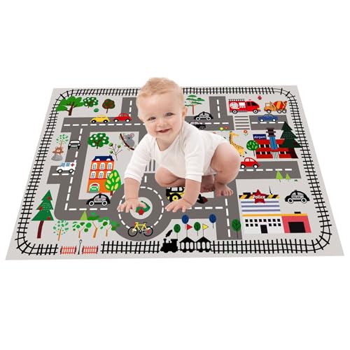 HunicandIU Kinder Spielen Mat, Babyspiel Mat,Kinder Spielen matten sensorische Aktivität Teppich - Große Szenenspielzeug für die Szene ohne Schlupf-Stadt, faltbar von HunicandIU