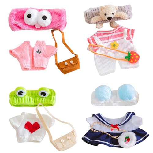Huraoerrrr 4 Sets ausgestopfte Tierkleidung, 12 Plüsch Duck Kawaii Babypuppenkleidung Set mit Plüschstirnband und Tasche Bunte DIY -Entenpuppenkleidung für Mädchen Jungen von Huraoerrrr