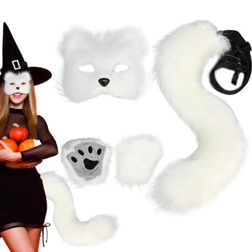 Huraoerrrr 1 Set Fuchsmaske und Schwanz, weißes, flauschiges Therian -Kostüm mit Fuchspfoten für Frauen, realistisches pelziges Cosplay für Halloween & Maskerade Huraoerrrr 1 Set Fuchsmaske und Schwanz, weißes, flauschiges Therian -Kostüm mit Fuchspfoten für Frauen, realistisches pelziges Cosplay für Halloween & Maskerade von Huraoerrrr