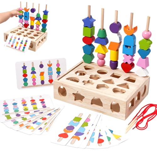 Huraoerrrr 1 Set Holzschnürung Perlen, Stapelblockspielzeug mit 16 doppelseitigen Karten, 2 Saiten und 25 Farbperlen, passende Formspielzeug für Kinder 3+ Geschenk von Huraoerrrr