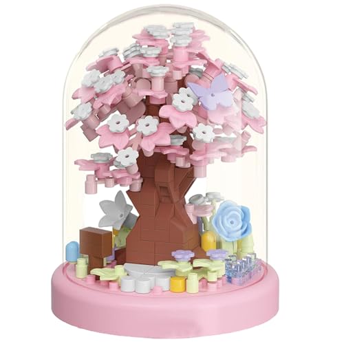 Huraoerrrr 266pcs Blumengebäude Set, dekorative Kirschblütenbaumhaus Blumenhaus Gebäude Set mit transparenter Staubabdeckung für Home Office Desktop, Geburtstagsgeschenke, hellrot von Huraoerrrr