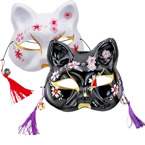 Huraoerrrr 2pcs Plastikkatze Maske Japanischer Stil Kabuki 7, 3x6.9 PVC Halbgesichtsmaske mit Quastenglocken für Halloween -Cosplay Masquerade von Huraoerrrr