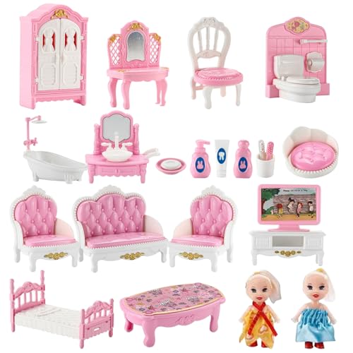Huraoerrrr 3 Set Dollhouse Möbel, Dollhouse Badezimmer Set Schlafzimmer Badezimmer und Wohnzimmer mit 2 Puppen künstlich realistische DIY -freundliche Miniaturen von Huraoerrrr