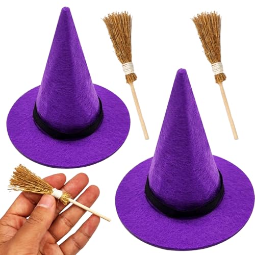 Huraoerrrr 4pcs Hexenhut und Besen, Filztuch Mini Hexenhüte DIY Halloween Bastelbedarf für Halloween, Weihnachten, Puppenhausdekorationen, lila Huraoerrrr 4pcs Hexenhut und Besen, Filztuch Mini Hexenhüte DIY Halloween Bastelbedarf für Halloween, Weihnachten, Puppenhausdekorationen, lila von Huraoerrrr