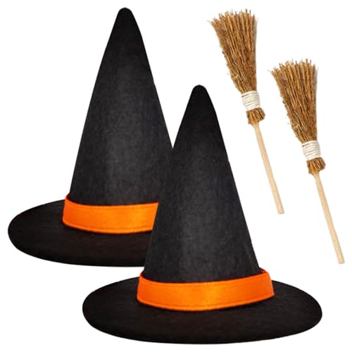 Huraoerrrr 4pcs schwarzer Hexenhut und Besen Set Filztuch Mini Witch Hüte diy Halloween Bastelmittel für Dollhouse Decor Weihnachten von Huraoerrrr