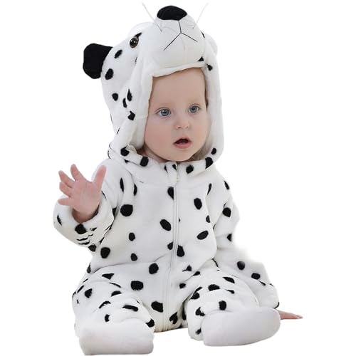 Huraoerrrr Dalmatinische Kostümkinder, niedliches Kleinkind Baby Halloween Kostüm weiche Flanell Unisex Kapuze -Strampler für Halloween Dress Up Cosplay von Huraoerrrr